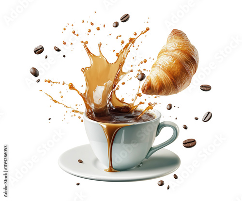 Coffee splash with croissant and coffee beans on a porcelain cup PNG photo