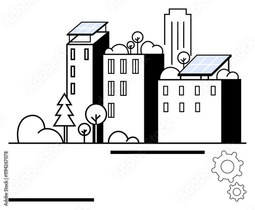 Buildings incorporate solar panels, surrounded by trees and greenery. Ideal for sustainability, renewable energy, eco-friendly living, urban planning, green architecture, clean technology, abstract