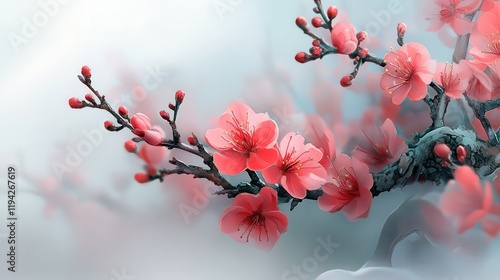 A tranquil garden scene with plum blossoms for the Chinese New Year