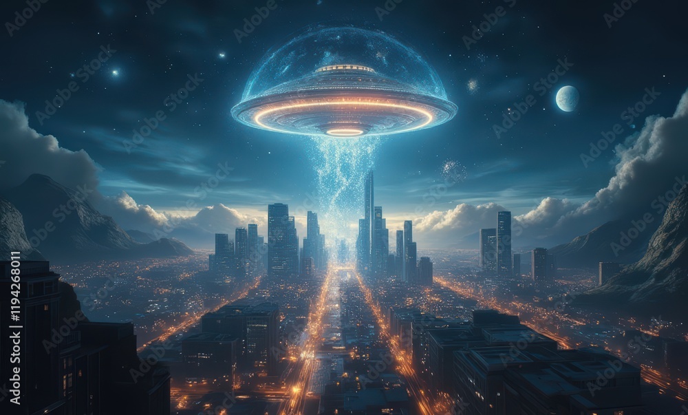 Futuristic city under alien spaceship Futuristic city under alien spaceship
