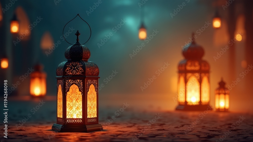 Elegant Arabic Lanterns Illuminate a Serene Setting During Ramadan Celebration at Night Elegant Arabic Lanterns Illuminate a Serene Setting During Ramadan Celebration at Night