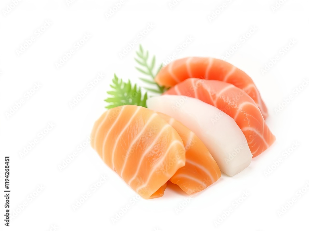 Fresh and delicious sushi with salmon sashimi slices arranged beautifully on a white plate, seafood, appetizer Fresh and delicious sushi with salmon sashimi slices arranged beautifully on a white plate, seafood, appetizer
