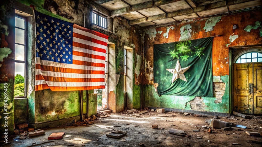 Obraz premium Urban Exploration: Liberia & Ireland Flags, Graffiti Art, Decaying Building, Intriguing Textures