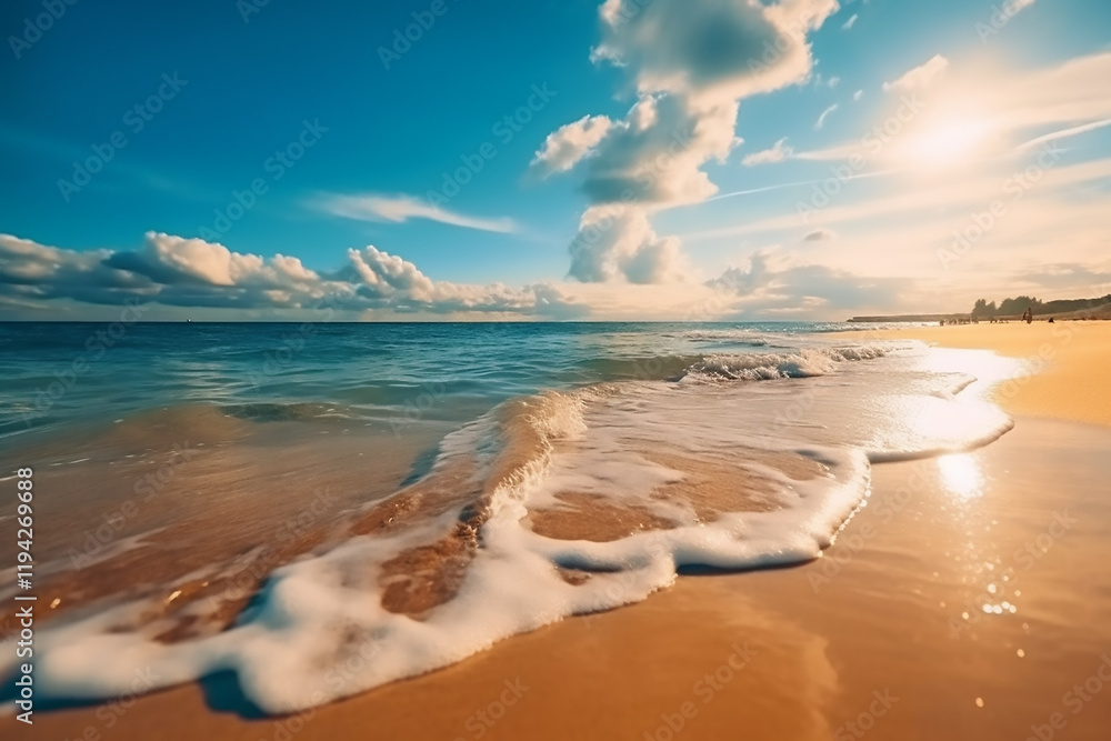Gentle waves crashing on a sandy beach under a blue sky tropical beach panorama, seascape with a wide horizon, showcasing the beautiful expanse of the sky Gentle waves crashing on a sandy beach under a blue sky tropical beach panorama, seascape with a wide horizon, showcasing the beautiful expanse of the sky