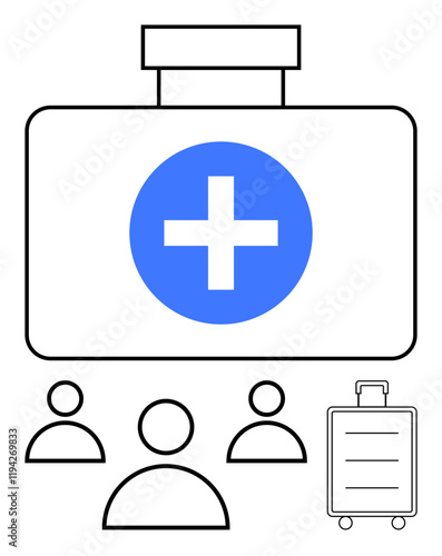 Medical kit with cross, three community figures, and a rolling suitcase. Ideal for healthcare, teamwork, emergency preparedness, travel assistance, community aid, public health and wellbeing