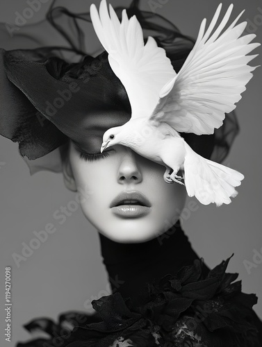 Monochrome high-fashion portrait with a dove in flight and perched on a woman's shoulder, editorial style