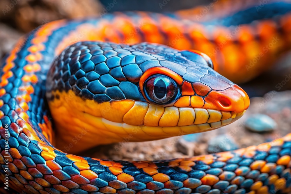 Vibrant Blue-Orange Snake Head & Body, Urban Decay, Striking Yellow & Orange Stripes, Grunge Background, Detailed Macro Shot Vibrant Blue-Orange Snake Head & Body, Urban Decay, Striking Yellow & Orange Stripes, Grunge Background, Detailed Macro Shot
