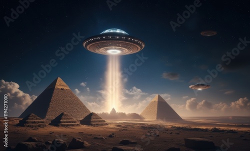 Futuristic scene of UFOs over pyramids photo