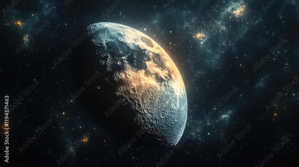 Celestial Majesty: A Half-Moon's Enigmatic Glow in the Cosmic Expanse Celestial Majesty: A Half-Moon's Enigmatic Glow in the Cosmic Expanse
