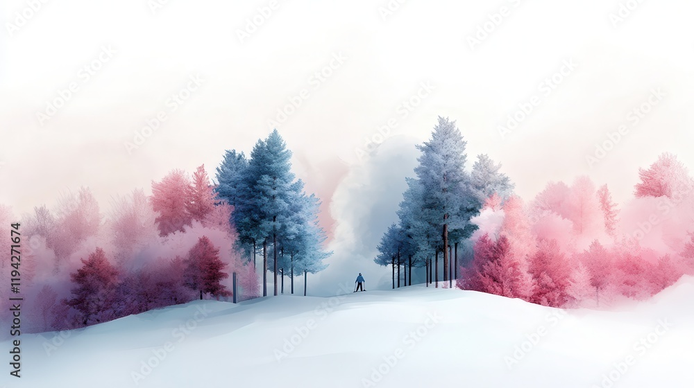 Fototapeta premium A serene winter forest with skiers and snowboarders enjoying the snow.