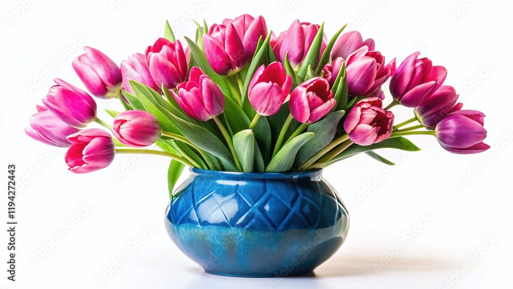 Vibrant Pink Tulips in a Blue Vase - Isolated on White Background - Drone Photography Style Vibrant Pink Tulips in a Blue Vase - Isolated on White Background - Drone Photography Style
