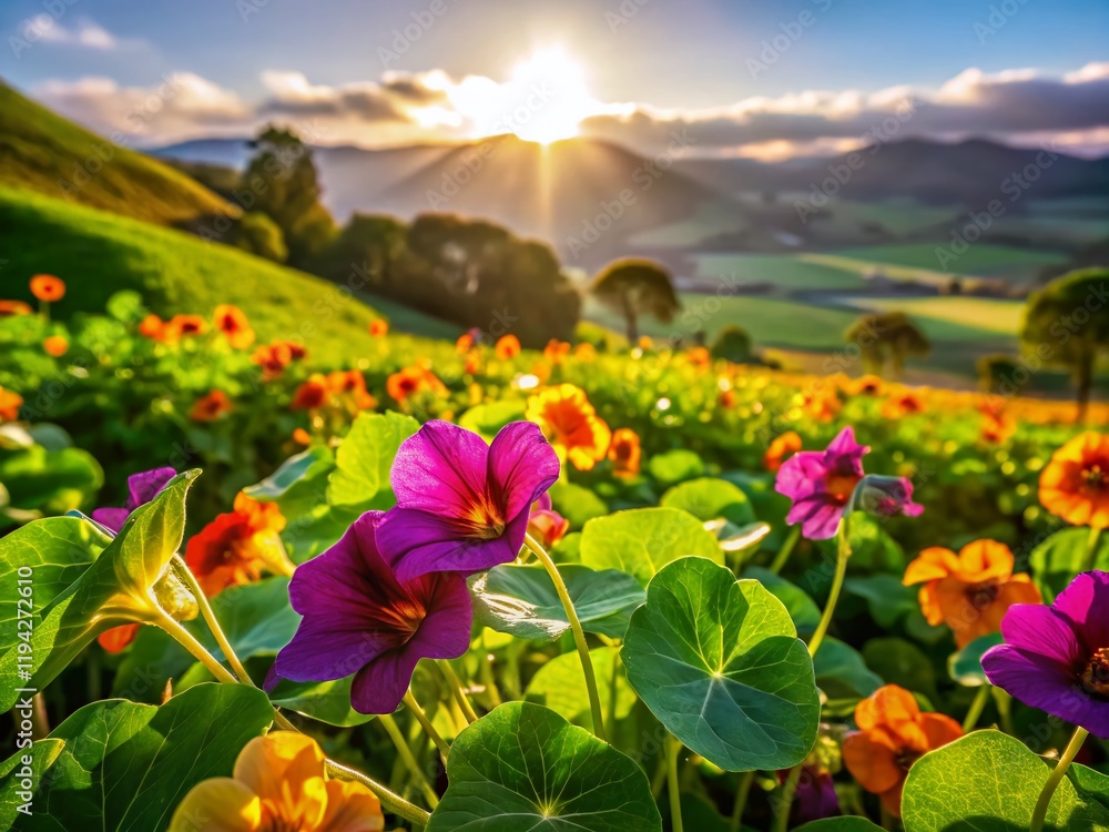 Obraz premium Vibrant Purple Nasturtiums Blooming in a Summer Landscape