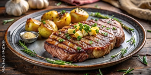 Wallpaper Mural A Grilled Steak Dinner with Roasted Potatoes and Herb Garnish on a Rustic Plate Torontodigital.ca