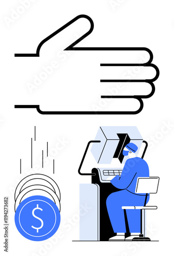 Giant hand over person in hazmat suit sitting at a computer with falling coins. Ideal for finance, safety, digital transactions, economic oversight, cybersecurity, workplace hygiene, and online