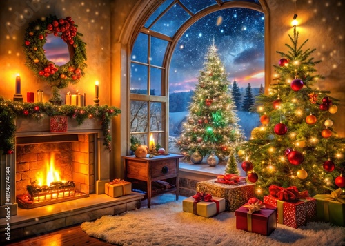 Wallpaper Mural Vintage Christmas Eve: Cozy Home with Snow Falling, Decorated Tree & Presents Torontodigital.ca