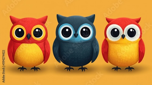 Adorable Trio of Cartoon Owls: Red, Blue, and Red photo