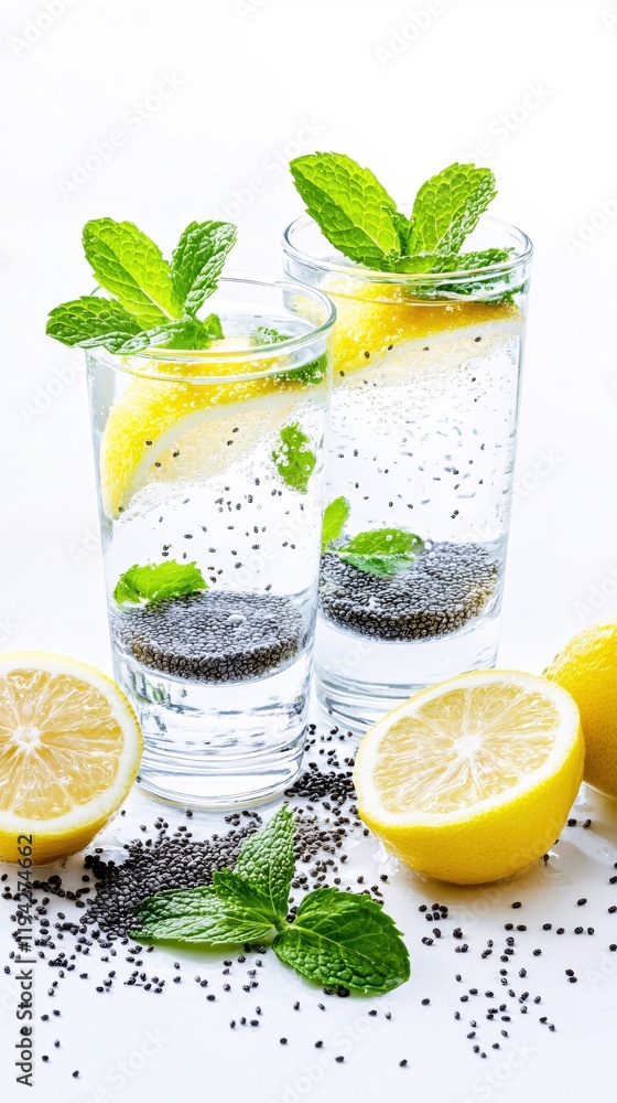 Fototapeta premium Refreshing Lemon Chia Seed Water Drink with Mint Healthy Hydration Summer Beverage