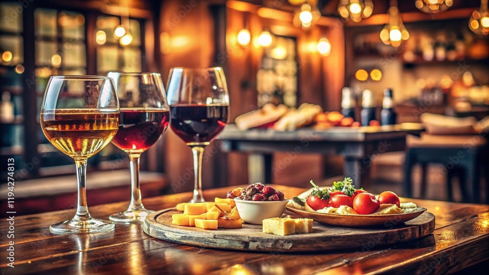 Fototapeta premium Vintage Happy Hour: Close-up of Wine & Pub Snacks