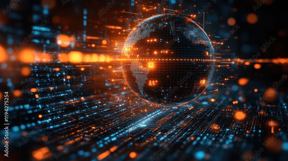 Fototapeta premium Futuristic digital globe surrounded by glowing data streams and particles, symbolizing technology and innovation