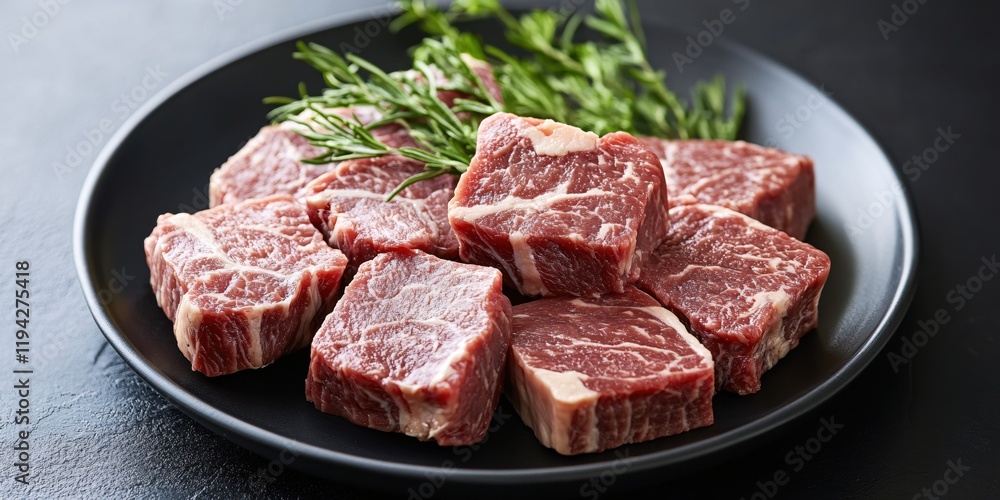 Fototapeta premium Juicy Raw Beef Cubes Ready for Grilling Gourmet Meal Preparation