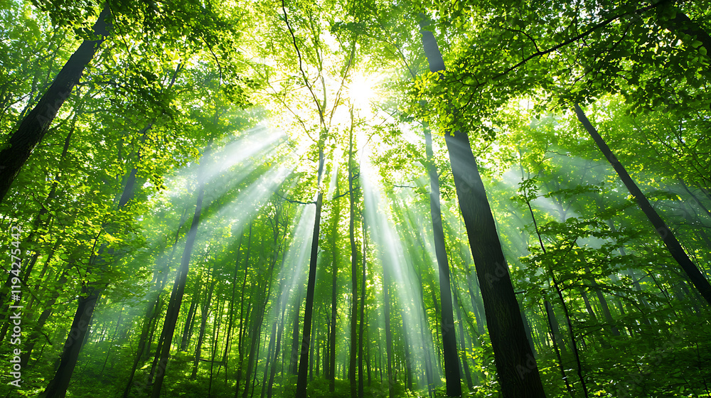 Naklejka premium Foggy forest in morning light with sun rays shining through trees, creating serene atmosphere