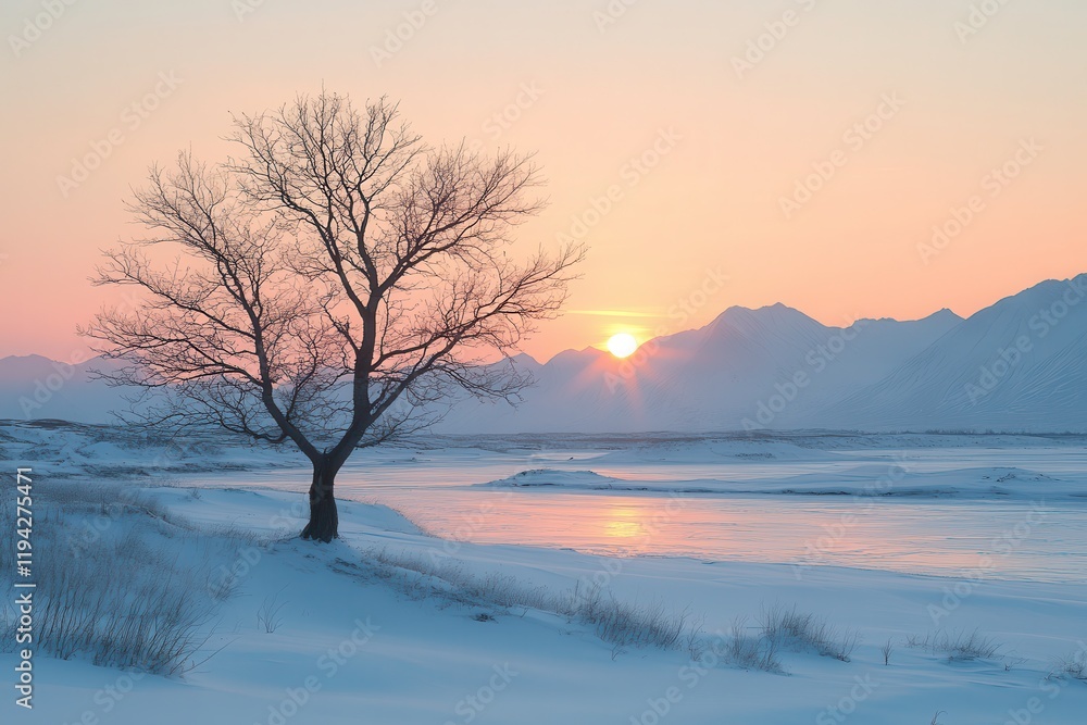 Serene Winter Landscape With a Silhouetted Tree at Sunset Over Snow-Covered Mountains. Generative AI Serene Winter Landscape With a Silhouetted Tree at Sunset Over Snow-Covered Mountains. Generative AI