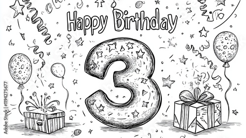 Celebrating of 3 years birthday vector, 3 years birthday for coloring book