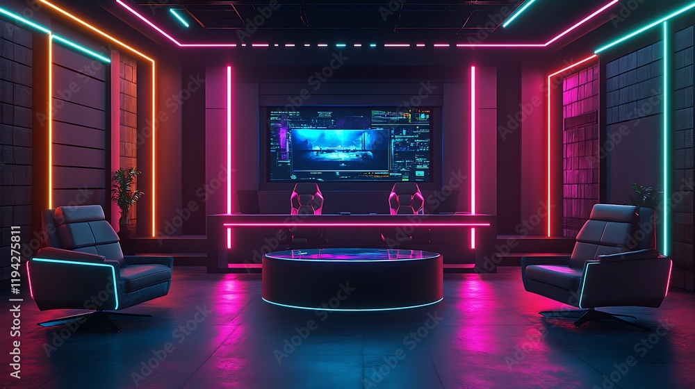 A neon-lit gaming podcast studio with custom-designed chairs, a holographic table, and animated LED backgrounds showing gaming-themed graphics. A neon-lit gaming podcast studio with custom-designed chairs, a holographic table, and animated LED backgrounds showing gaming-themed graphics.