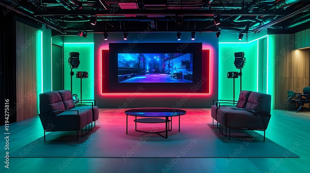 A neon-lit gaming podcast studio with custom-designed chairs, a holographic table, and animated LED backgrounds showing gaming-themed graphics. A neon-lit gaming podcast studio with custom-designed chairs, a holographic table, and animated LED backgrounds showing gaming-themed graphics.