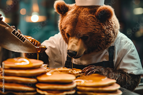 A bear wearing a chef’s apron and flipping pancakes with honey dripping from them photo