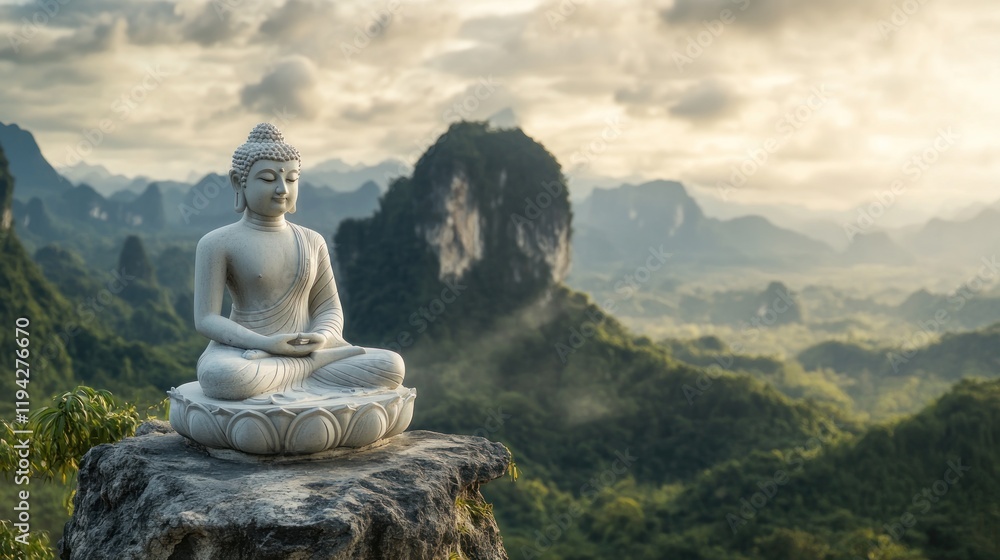 Serene Buddha Statue Amidst Majestic Mountains Serene Buddha Statue Amidst Majestic Mountains