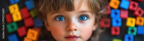 Childs face surrounded by colorful toys wideeyed photo