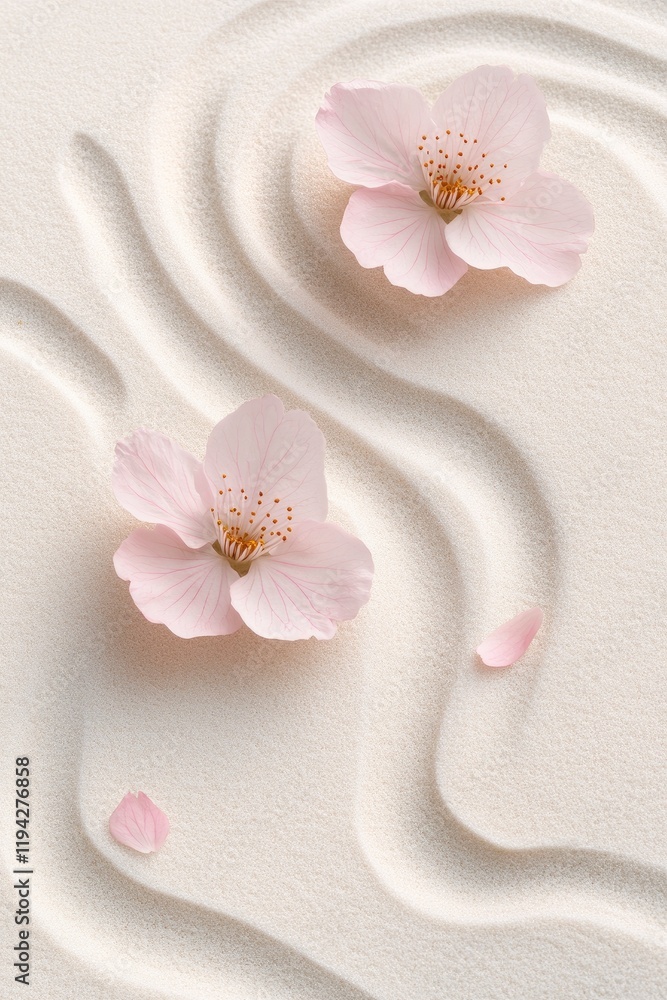 Pink cherry blossom flowers on white sand. Pink cherry blossom flowers on white sand.