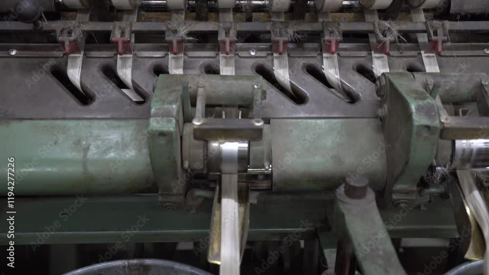 Linen rope processing machine with white rollers and metal components, guiding fibers through the machine. Linen rope processing machine with white rollers and metal components, guiding fibers through the machine.