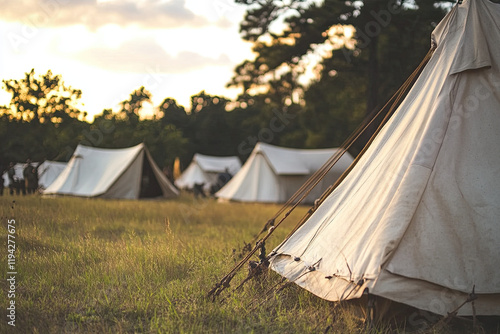 Historical reenactment of a military camp, capturing uniforms, tents, and equipment photo