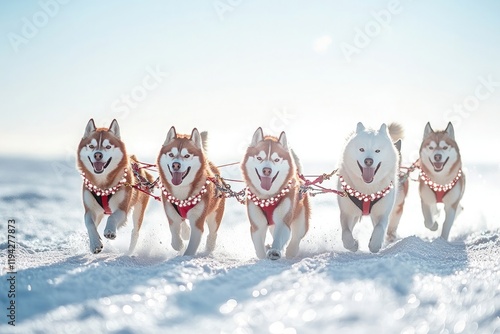 Five husky dogs running on the snow, each dog pulling one of three sleds with red leashes attached to their thick, brushy coats photo