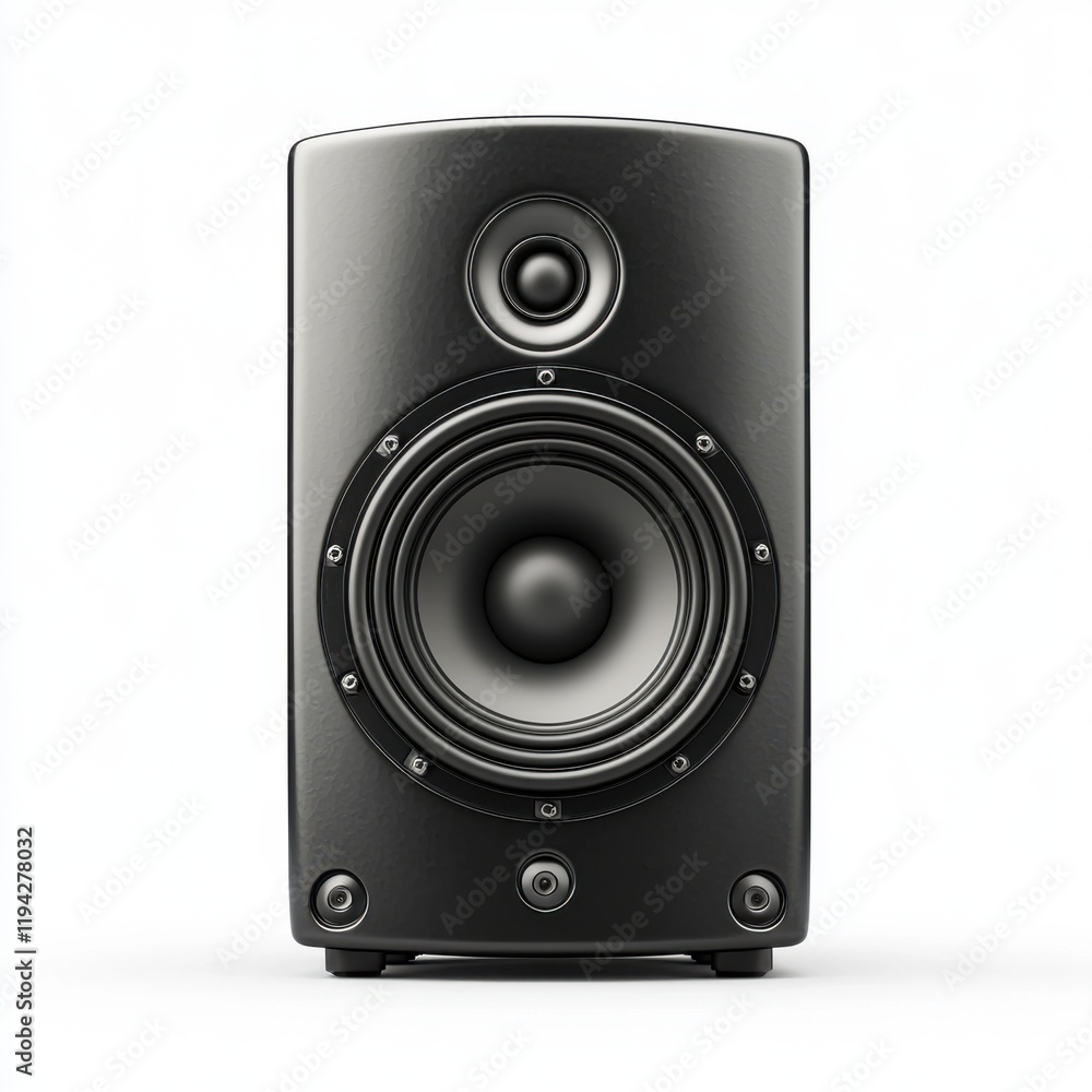 High-quality black woofer speaker isolated on white background for audio enthusiasts High-quality black woofer speaker isolated on white background for audio enthusiasts