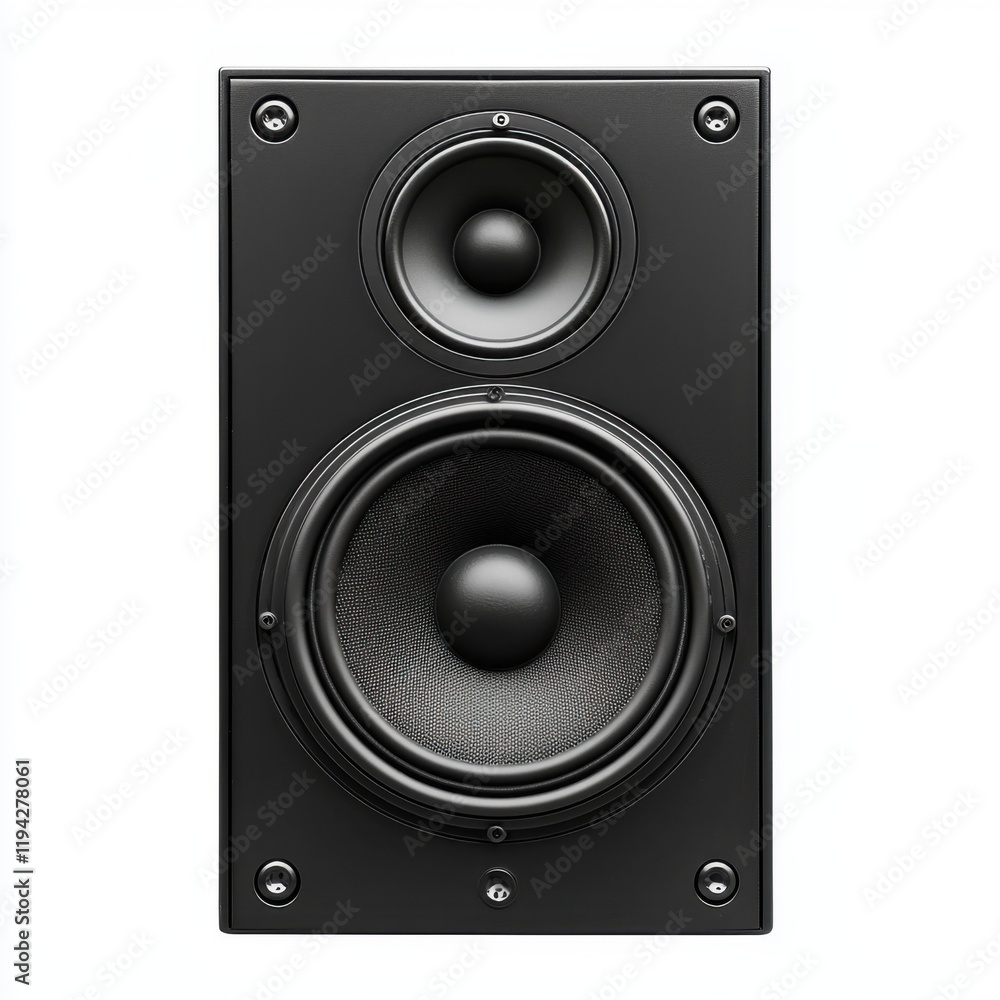 Powerful black woofer speaker displayed on white background for audio enthusiasts and musicians Powerful black woofer speaker displayed on white background for audio enthusiasts and musicians
