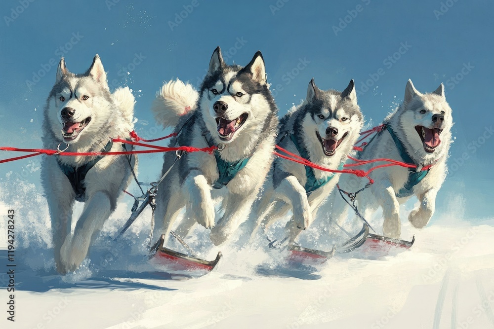 Five husky dogs running on the snow, each dog pulling one of three sleds with red leashes attached to their thick, brushy coats Five husky dogs running on the snow, each dog pulling one of three sleds with red leashes attached to their thick, brushy coats