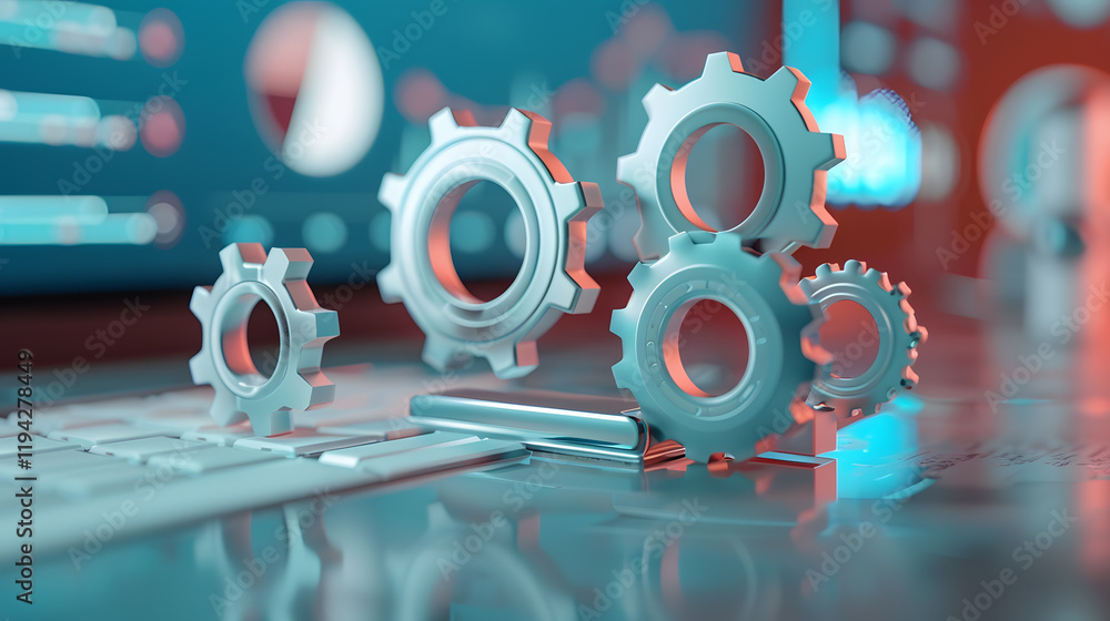 Fototapeta premium Abstract search engine icon with floating gears