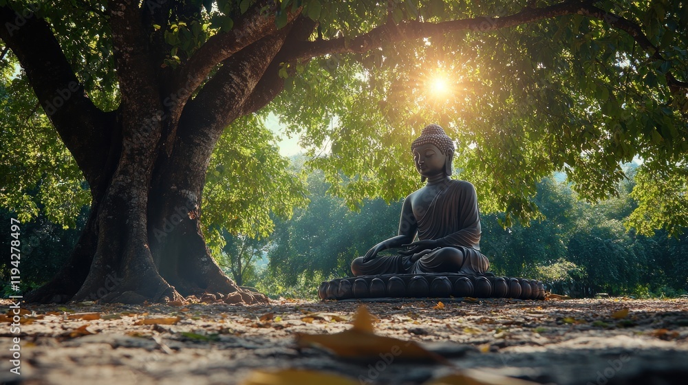 Serene Buddha Statue Underneath a Majestic Tree Serene Buddha Statue Underneath a Majestic Tree