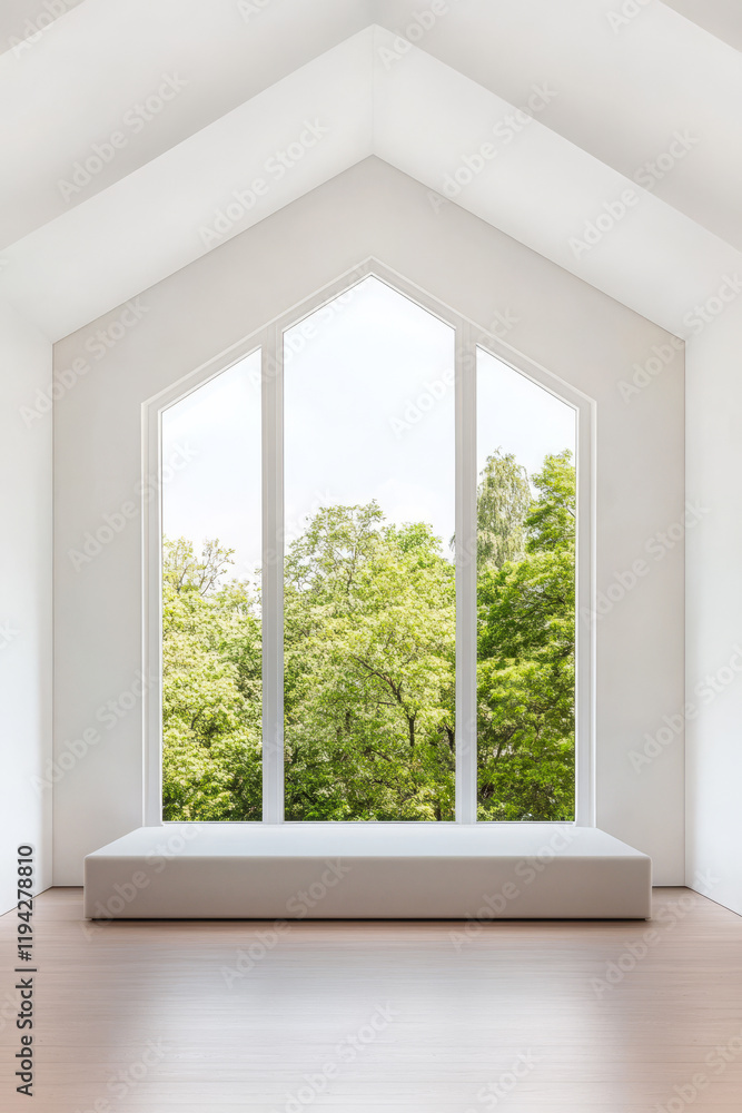 Fototapeta premium Bright modern interior with large windows overlooking green trees in minimalist design