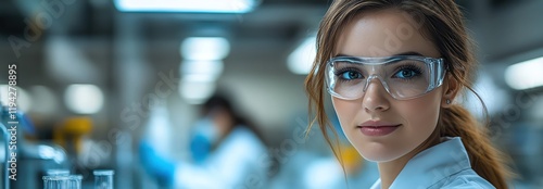 Scientists working in a lab, bluetinted flasks, focused lighting on a white table photo