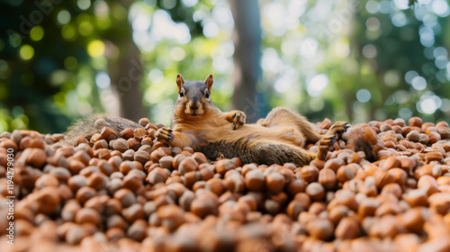 Lazy greedy squirrel sitting atop his mound of hoarded acorns, saving for the winter