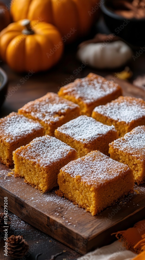 Gourmet Homemade Pumpkin Cake Squares Dusted With Powdered Sugar and Served on a Wooden Board. Generative AI Gourmet Homemade Pumpkin Cake Squares Dusted With Powdered Sugar and Served on a Wooden Board. Generative AI