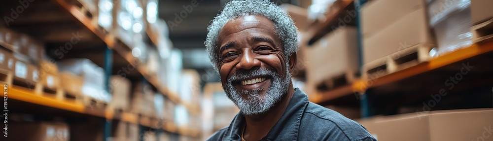Smiling man in warehouse, shelves with boxes in background Smiling man in warehouse, shelves with boxes in background