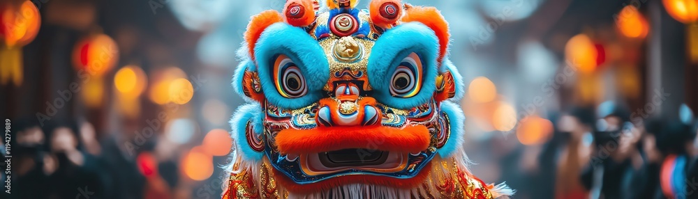 Obraz premium Traditional Chinese lion dance, colorful costume, festive atmosphere