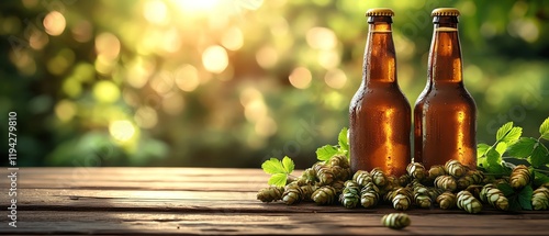 Three beer bottles with hops on wooden table, bokeh background, sunlight photo