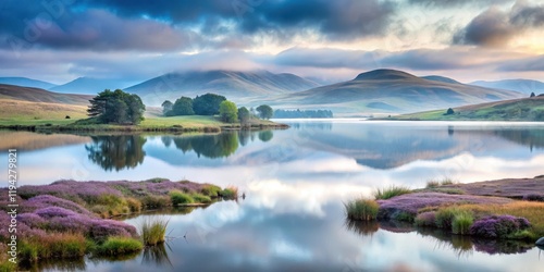 Serene Lakeside Panorama Tranquil Waters Reflecting Misty Mountains and Purple Wildflowers at Dawn