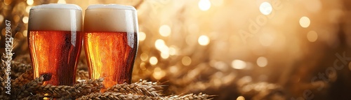 Two beer glasses with foam on top, wheat and golden bokeh background photo